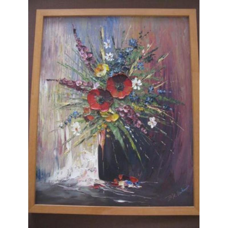 Schilderij op doek door BH. Verhoep ?? bloemen dik bovenop d