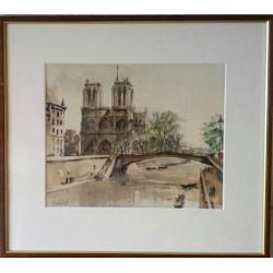 (Herbelot)Schitterend aquarel van de Notre Dame en Seine