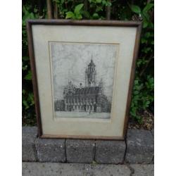 Oude tekening van het stadhuis in Middelburg