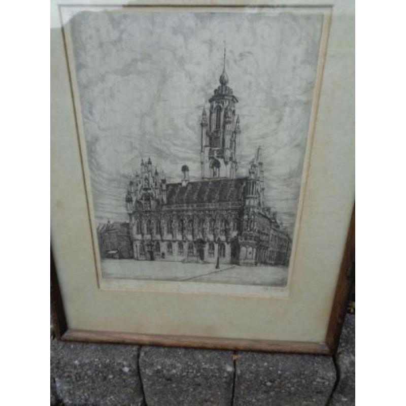 Oude tekening van het stadhuis in Middelburg