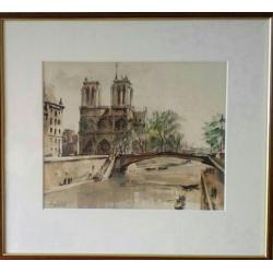 (Herbelot)Schitterend aquarel van de Notre Dame en Seine