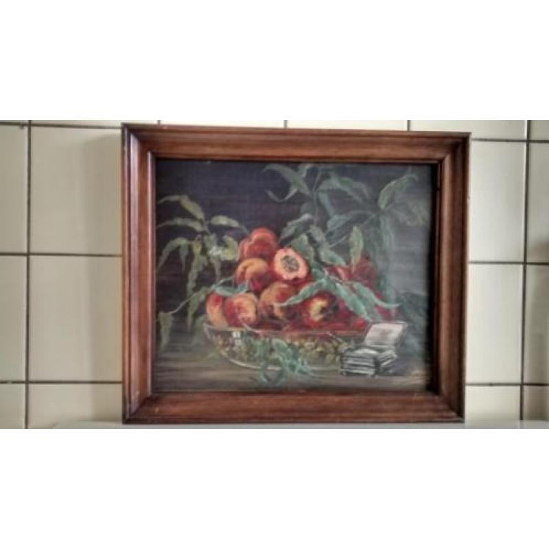 Zeer oud schilderij/ stilleven, Perziken op fruitschaal.