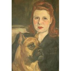 PORTRET van een vrouw met hond==30er jaren werk=gesigneerd =