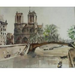 (Herbelot)Schitterend aquarel van de Notre Dame en Seine