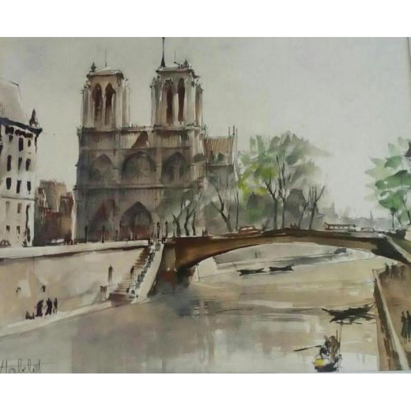 (Herbelot)Schitterend aquarel van de Notre Dame en Seine