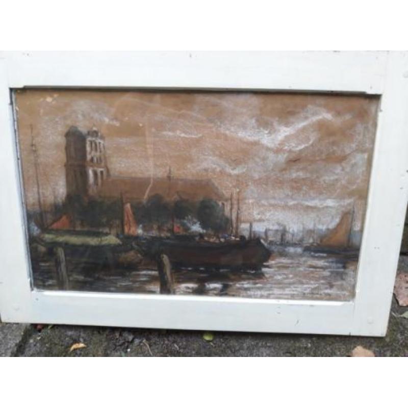 H. Mansveld stadsgezicht Dordrecht pastel schilderij 1952