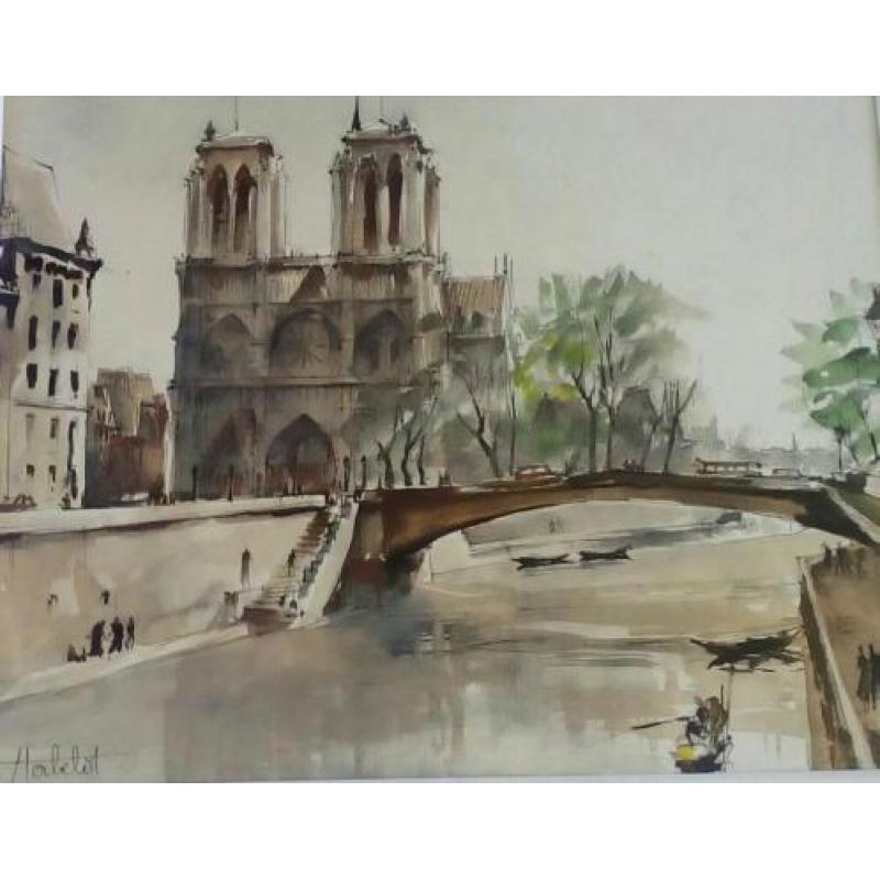 (Herbelot)Schitterend aquarel van de Notre Dame en Seine