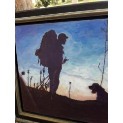 Schilderij acryl klassiek kunst: Zonsopgang met man en hond